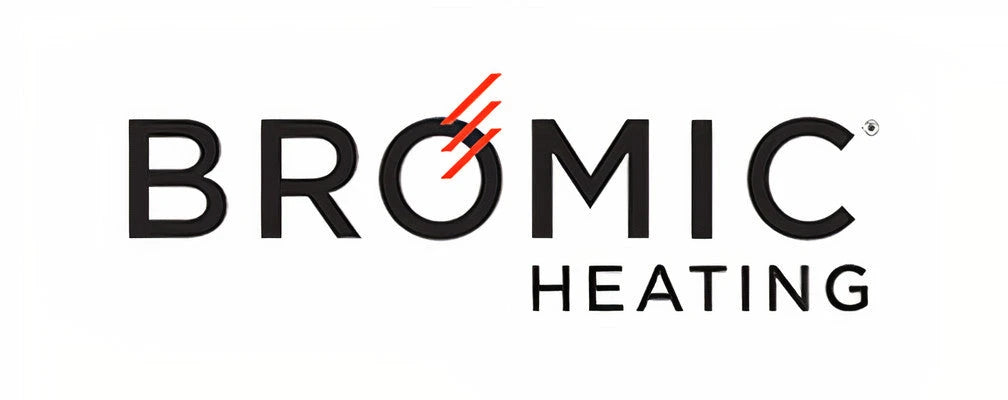 Black Bromic Heating logo featuring bold sans-serif lettering and three red diagonal lines above the letter O