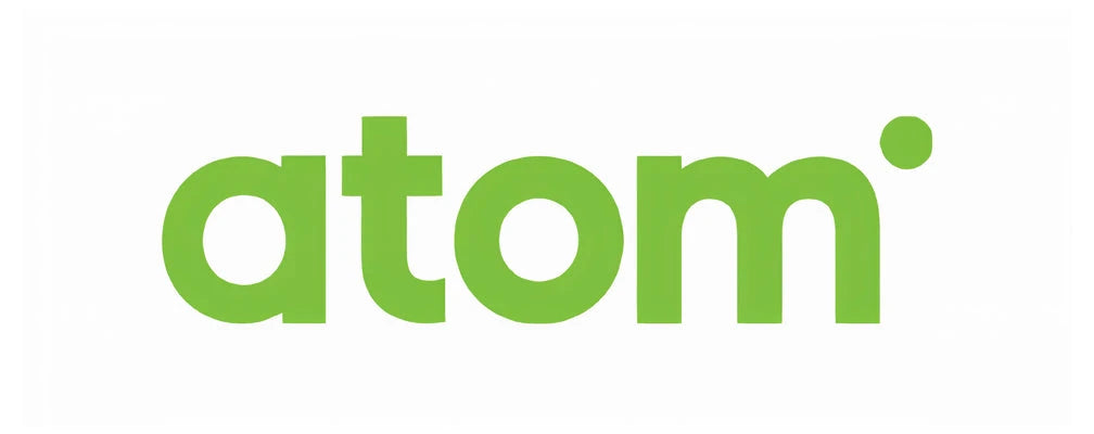 Bright lime green Atom Lighting brand logo featuring rounded sans serif typography on a white background