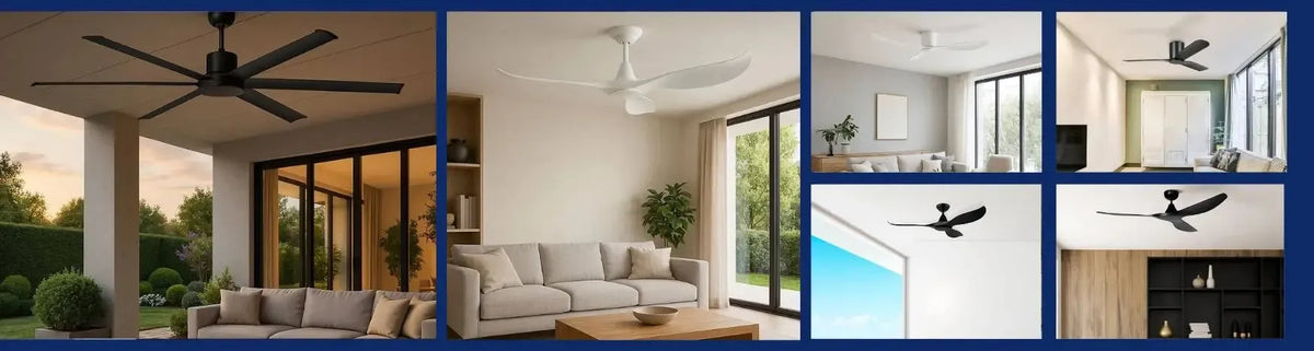 Modern ceiling fans in matte black and white finishes featuring sleek blade designs installed in contemporary living spaces