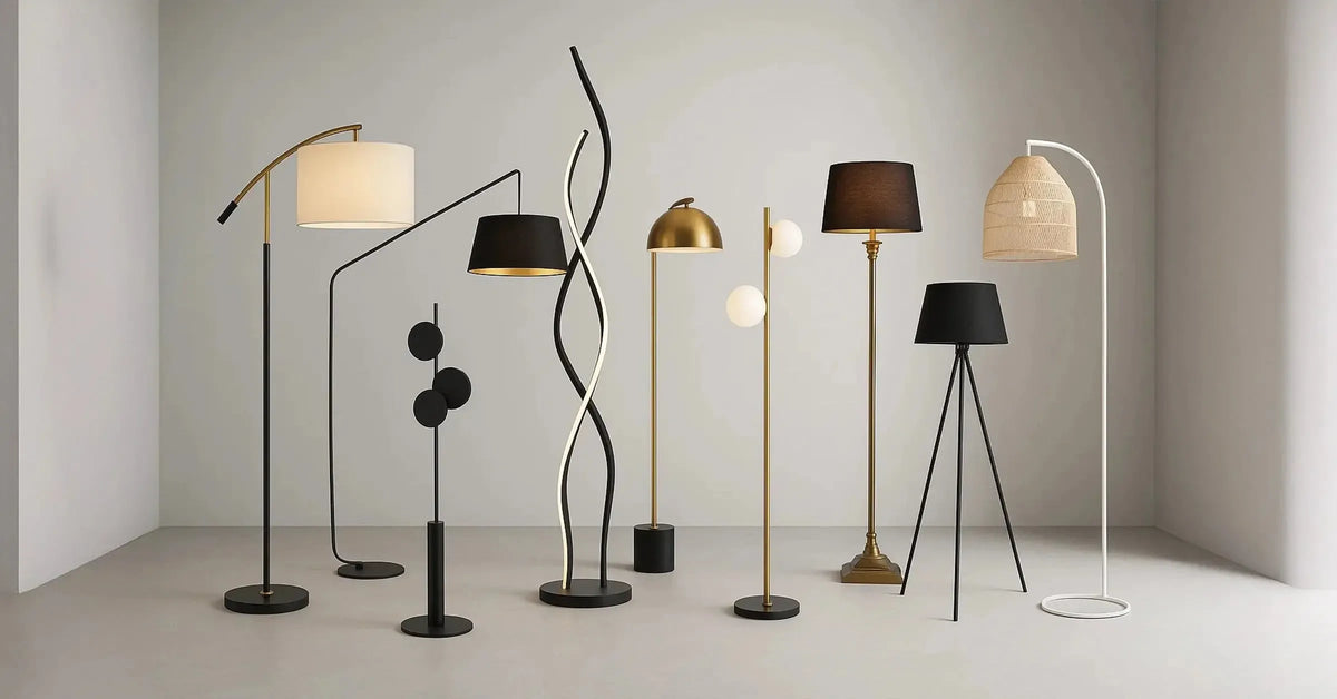 Assorted floor lamps featuring black, brass, and white finishes with contemporary, minimalist, and woven shade designs