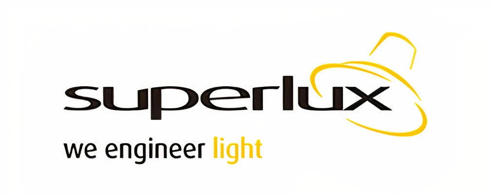 Superlux brand logo featuring black text with a yellow circular light icon on a white background
