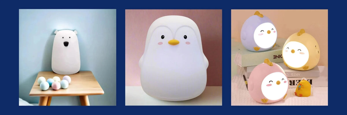 Soft silicone animal shaped night lights in pastel colours displayed on nursery furniture and shelves