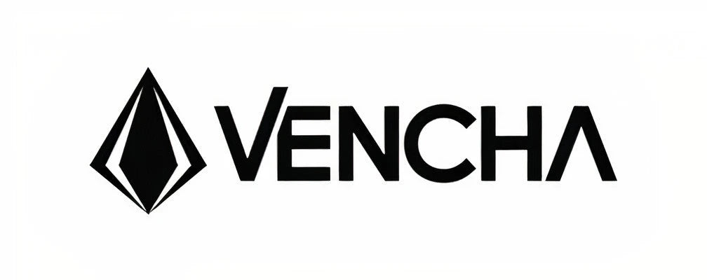 Black Vencha Lighting brand logo featuring a diamond shaped icon next to bold sans serif text on a white background