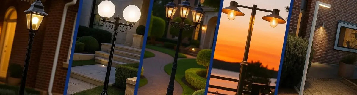 Black metal lamp posts with glass lanterns and spherical shades installed in landscaped garden paths and patios