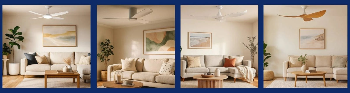 Modern ceiling fans with curved blades in white and timber finishes installed in bright coastal living rooms