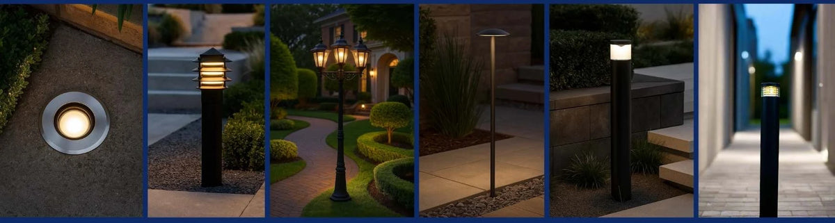 Black and metallic bollard and post lights illuminating garden paths and stone walkways at dusk