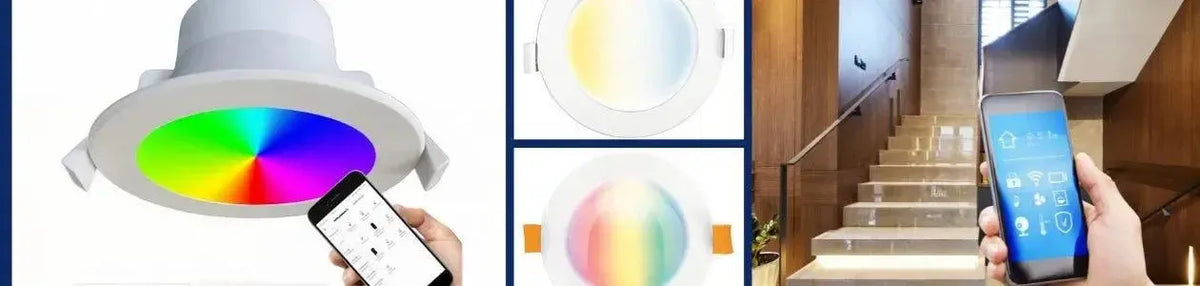 Round white recessed smart downlights with multicoloured light effects controlled by a smartphone in a modern hallway