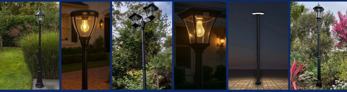 Black metal solar lamp posts with glass lanterns and classic pole designs installed in garden and pathway settings