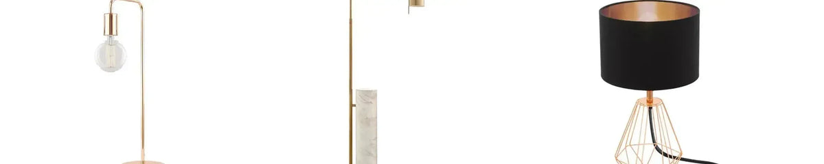 Modern copper lamps featuring minimalist metal frames, marble accents and a black fabric shade on a white background