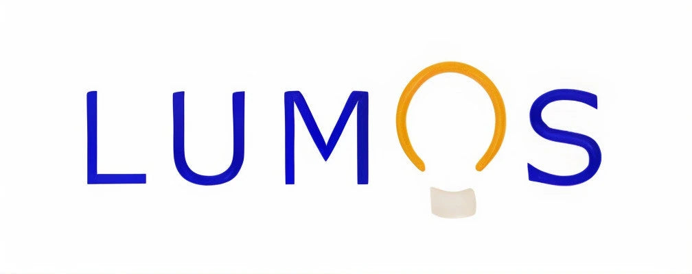 Lumos Lighting logo featuring blue sans serif text with a yellow circular light bulb icon replacing the letter O
