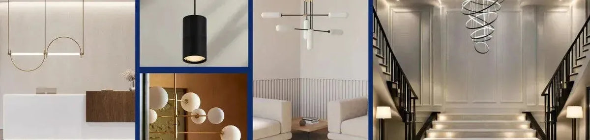 Assorted modern pendant lights in brass, black, and white finishes featuring geometric, spherical, and spiral designs