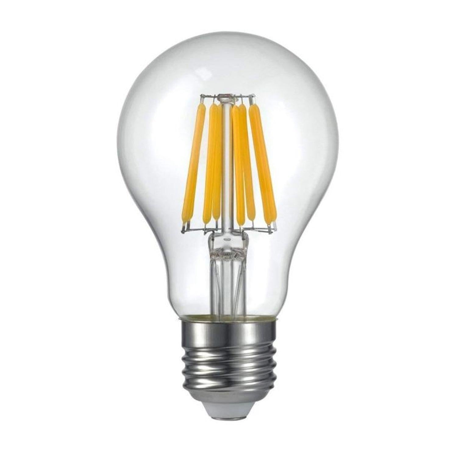 8W A60 LED filament globe with clear glass, visible yellow filaments, and a standard E27 Edison screw base.