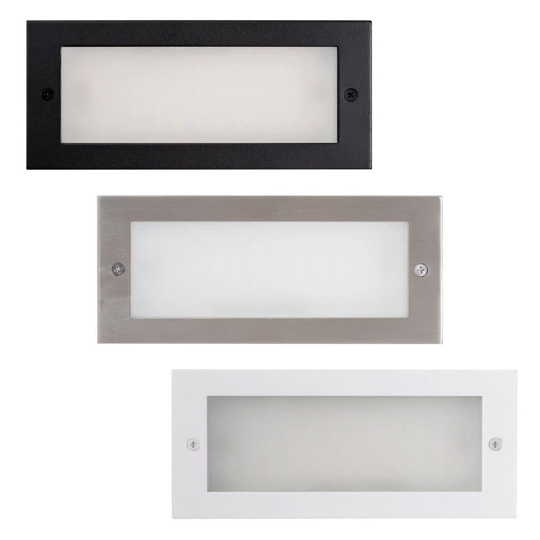 Bata 10W LED recessed brick lights in black, stainless steel, and white finishes with plain rectangular faces.