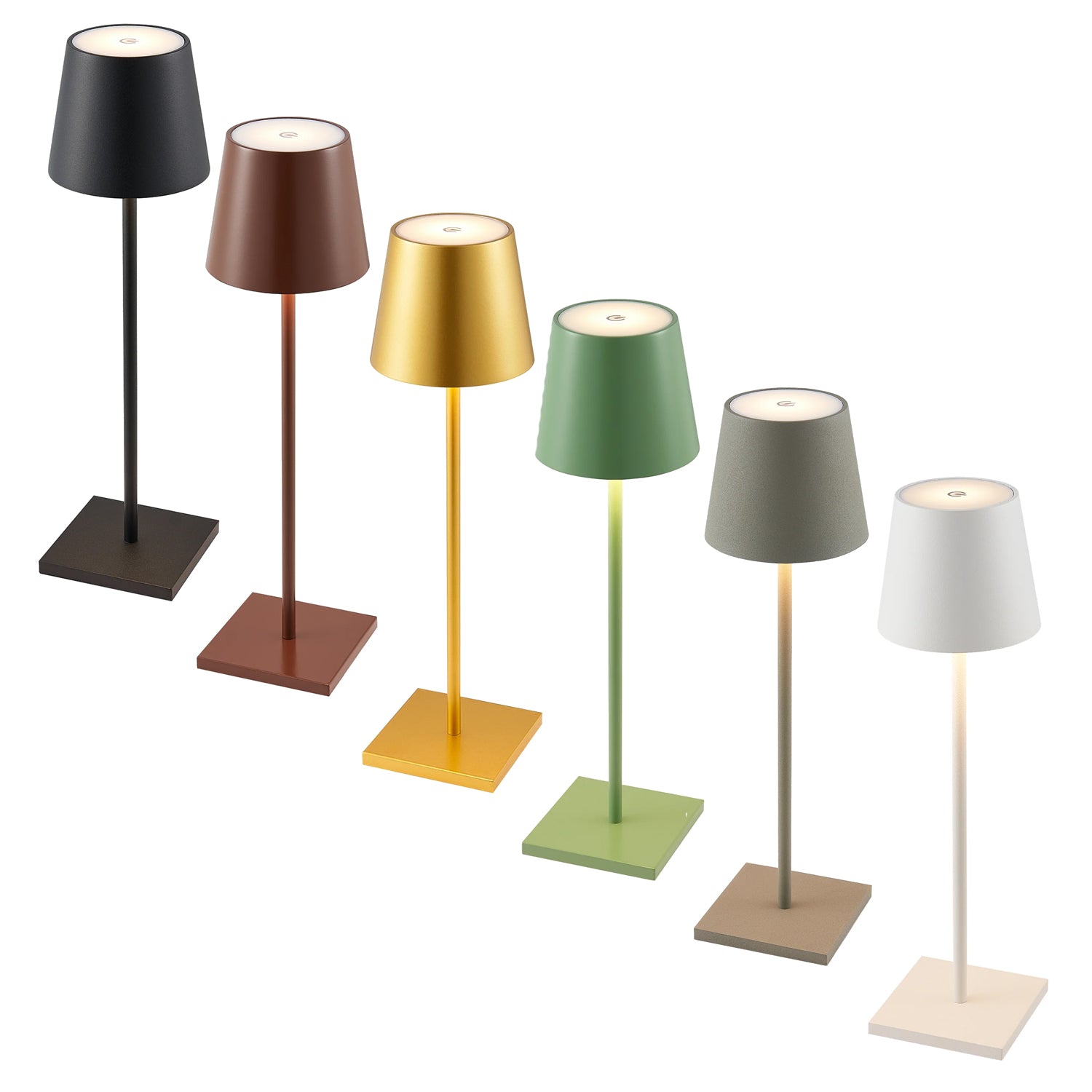 Clio rechargeable table lamps in black, brown, gold, green, grey, and white with a sleek, minimalist metal design.