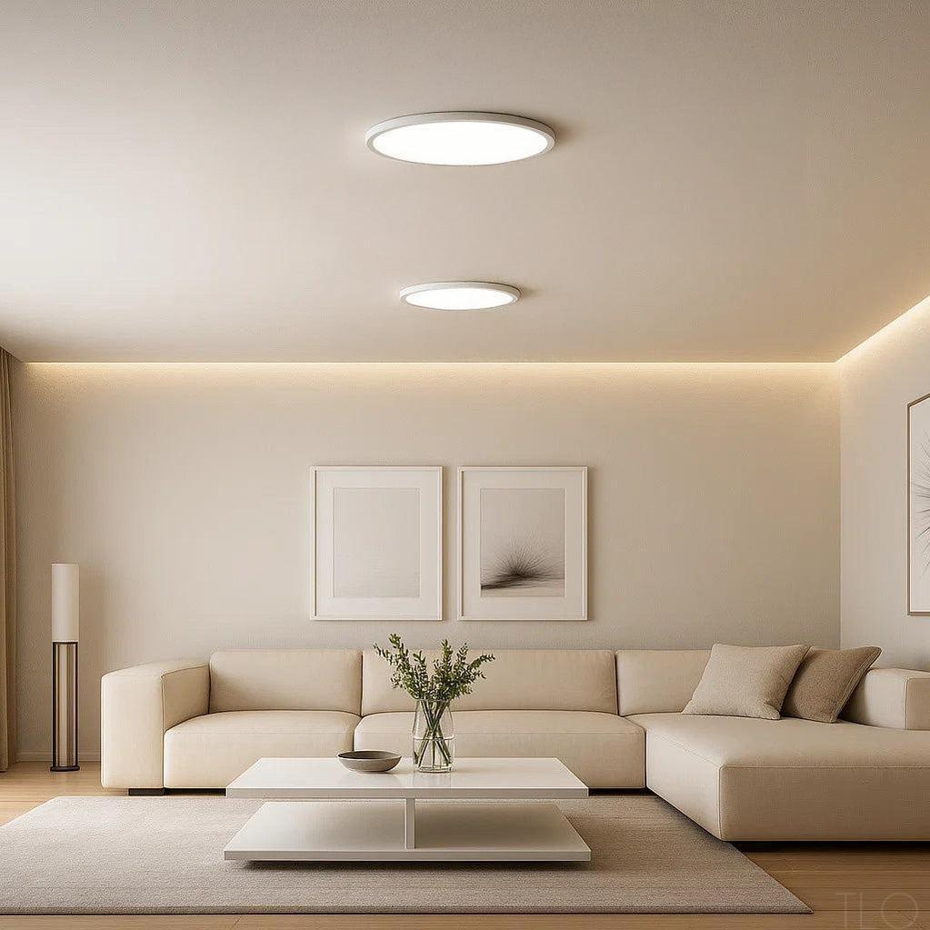 living room with two round white LED flush mount ceiling lights
