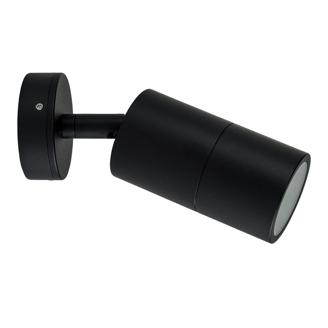 Matt black adjustable aluminium wall pillar light with a cylindrical head and circular mounting plate.