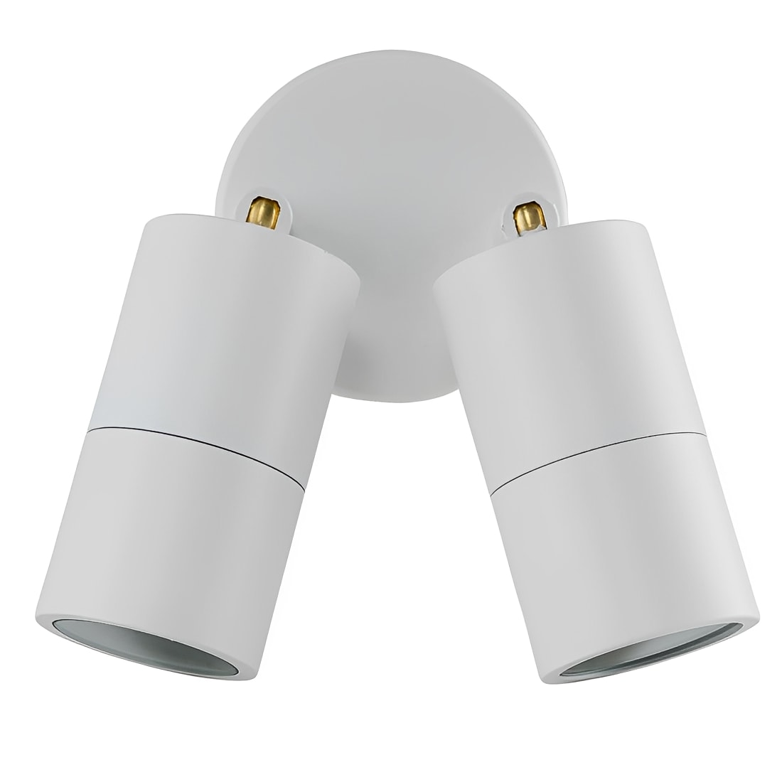 Matt white aluminium double adjustable spotlight with cylindrical heads and gold accents, mounted on a round backing plate.