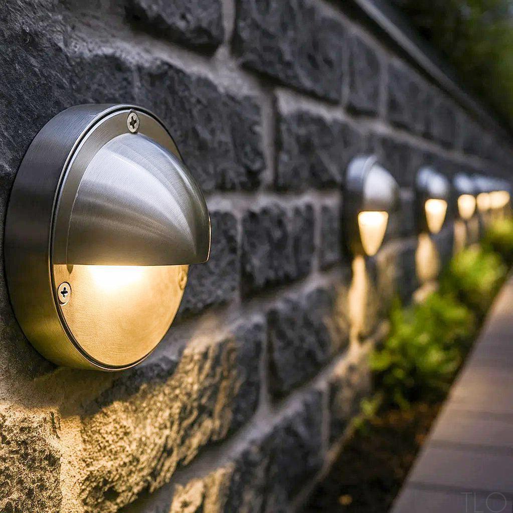 Round 316 marine-grade stainless steel eyelid LED step light mounted on a dark stone outdoor retaining wall.