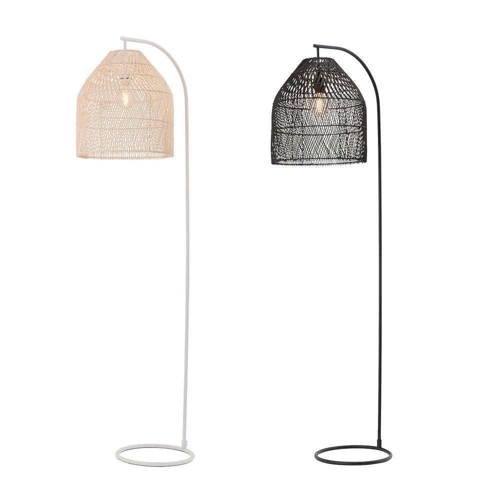 White and black rattan floor lamps with basket shades and curved metal arms.