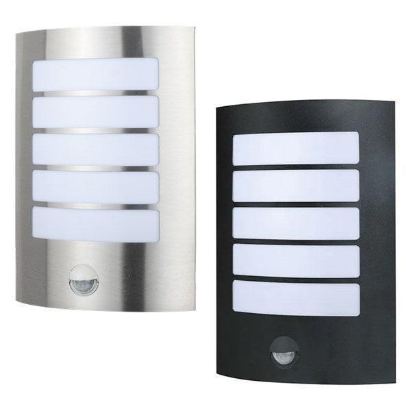 Curved stainless steel and black wall lights featuring five horizontal frosted light panels and a bottom sensor