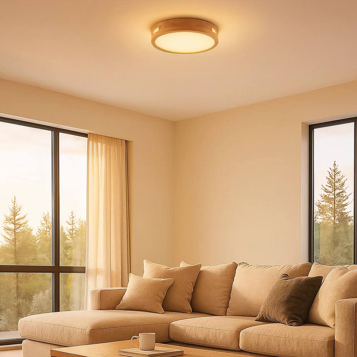 living room. Round wooden ceiling light with warm glow above a beige sectional sofa.